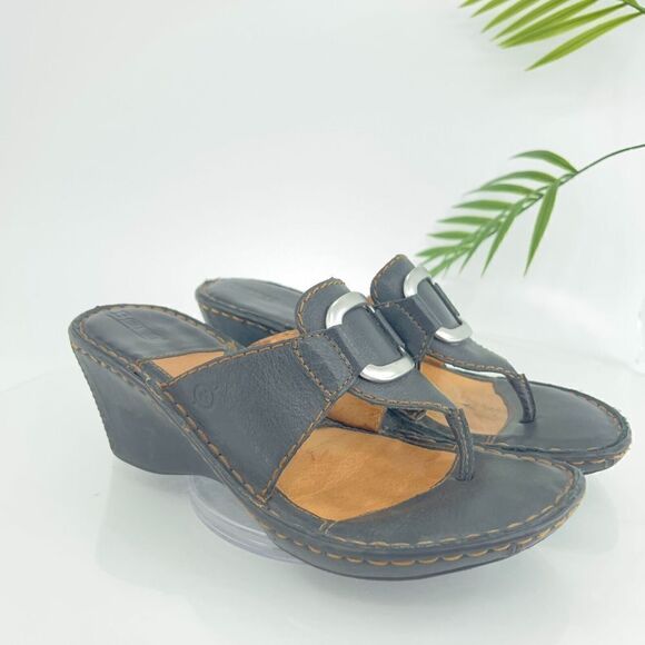 Born Women's Sandal Size 8 Wedge Heel Slide Black Leather Slip On Shoe Thong - Picture 2 of 14